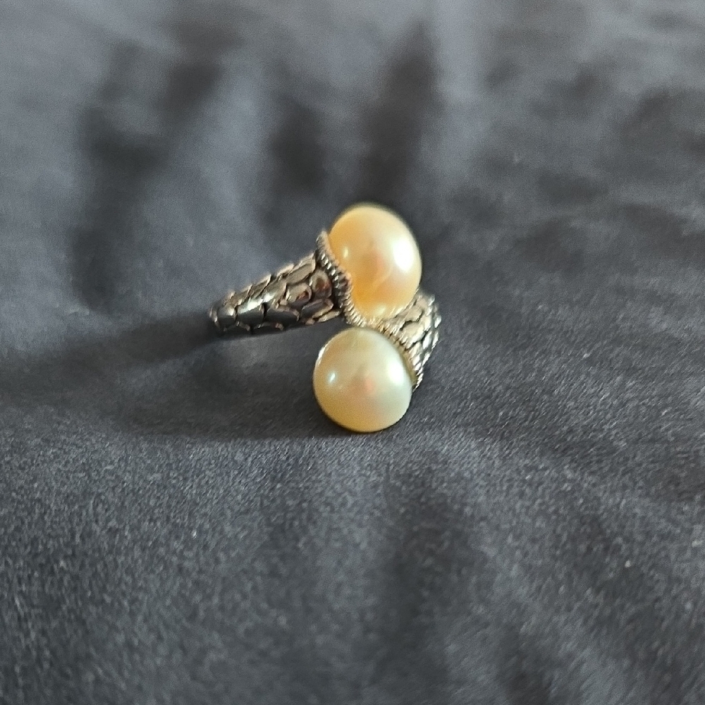 Elegant Dual Pearl Sterling Silver Ring – Size 8